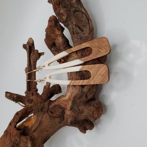Bohemian, retro style wood and cream resin long earrings